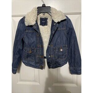 GAP Kids Denim Jacket Sherpa Collar Dark Wash Trucker Jean Button Up S 6-7